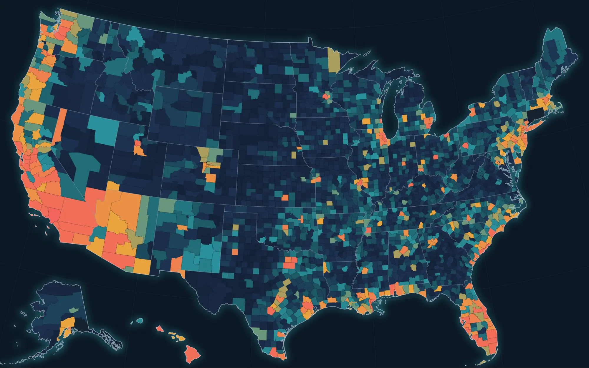 Map of the United States with each county coloured by its FEMA National Risk Index percentile.